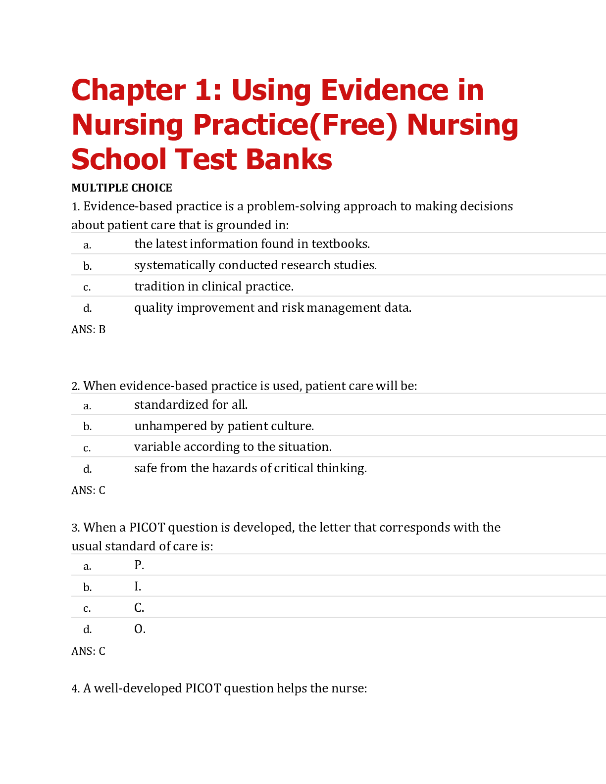 Preview image for Chapter 1: Using Evidence in Nursing Practice(Free) Nursing School Test Banks