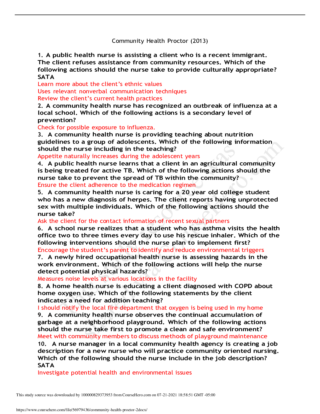 Preview of Community Health Proctor (2020/2021) QUESTIONS WITH ANSWERS GRADED 100%Community Health Pr