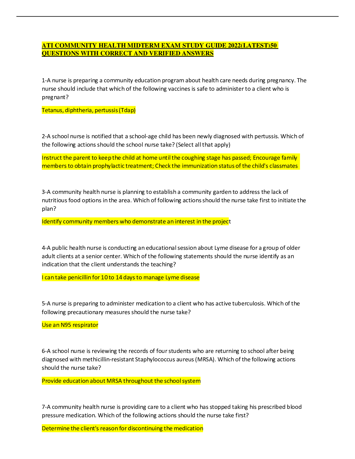 Preview image for ATI COMMUNITY HEALTH MIDTERM EXAM STUDY GUIDE 2022(LATEST)50 QUESTIONS WITH CORRECT AND VERIFIED ANSWERS