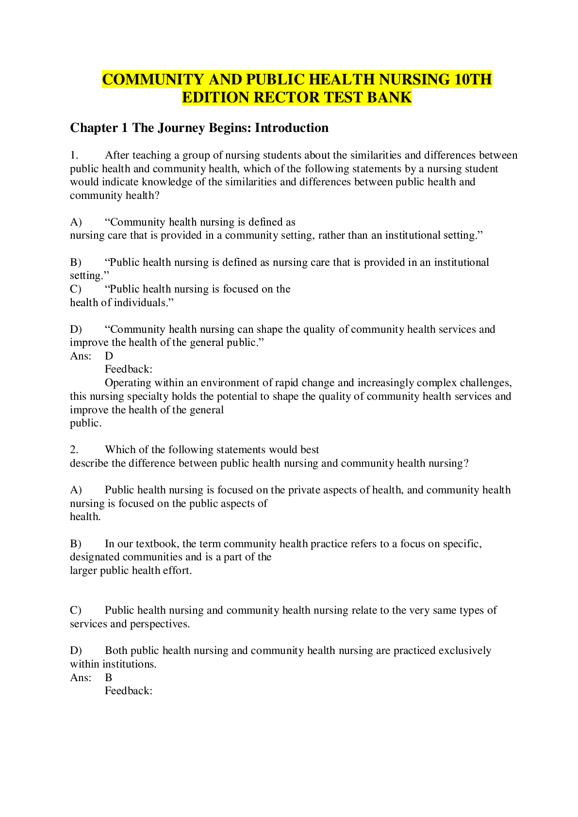 Preview image for COMMUNITY AND PUBLIC HEALTH NURSING 10TH EDITION RECTOR TEST BANK. QUESTIONS AND ANSWERS