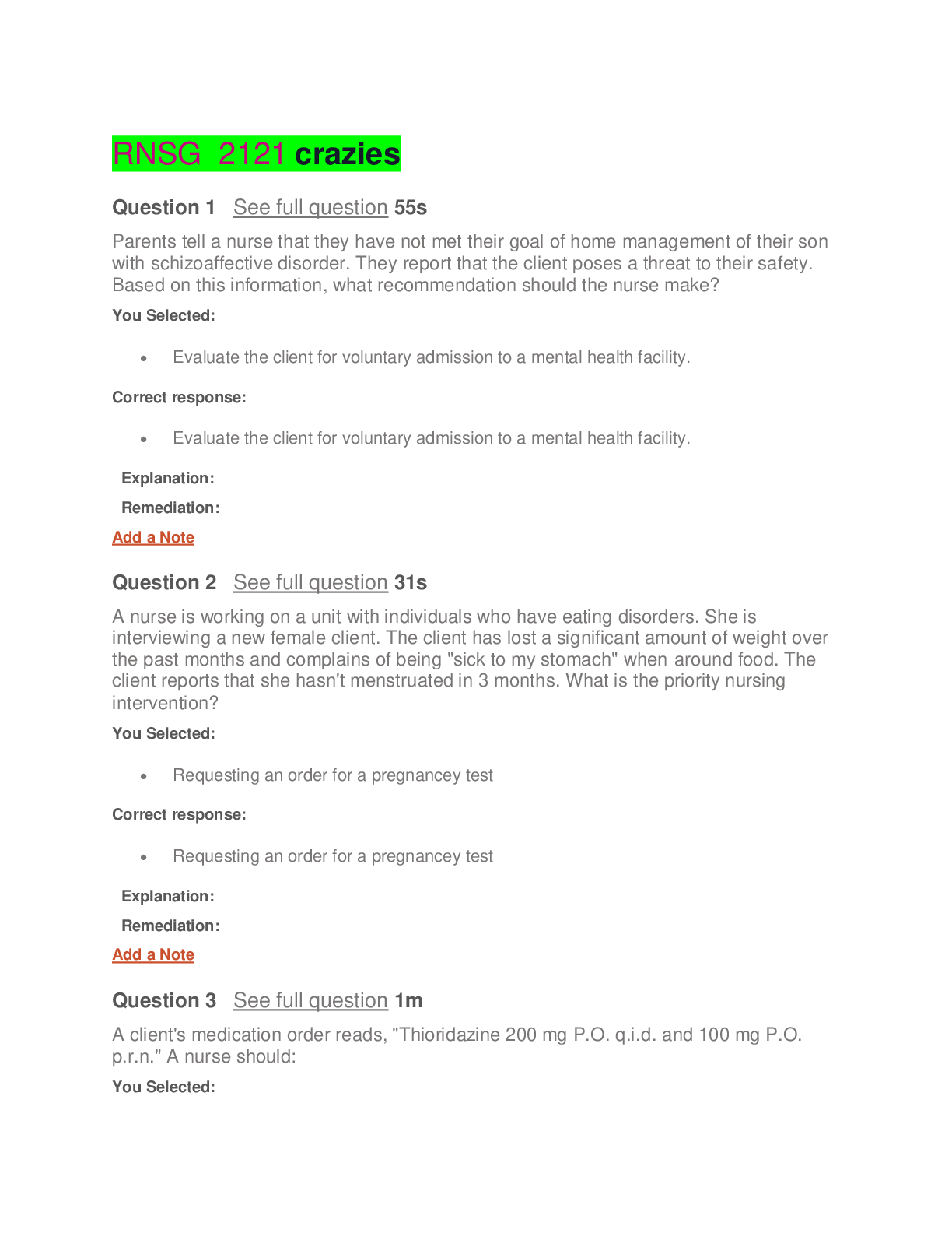 Preview of RNSG 2121 Final exam 2020 with all the correct answers;Parents tell a nurse that they have