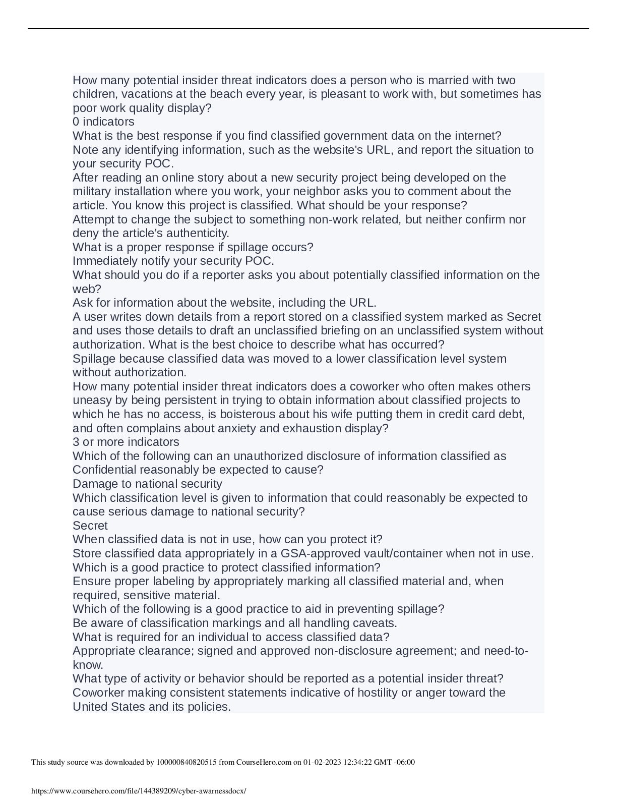 Preview image for Cyber Awareness 2022-2023 Knowledge Check (95 Answered questions verified correct )