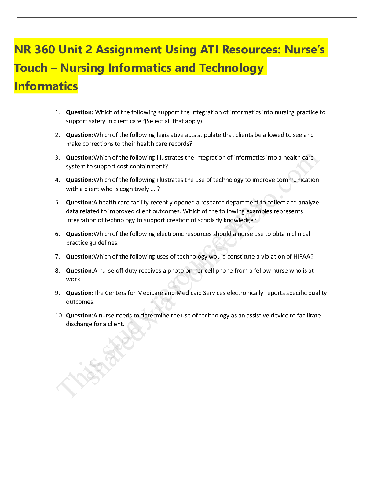 Preview image for NR 360 Unit 2 Assignment Using ATI Resources: Nurse’s Touch – Nursing Informatics and Technology Informatics/COMPLETE SOLUTION
