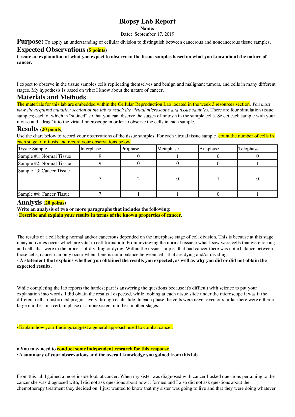 Preview of BIOL 1001 Week 3 Biopsy Lab Report