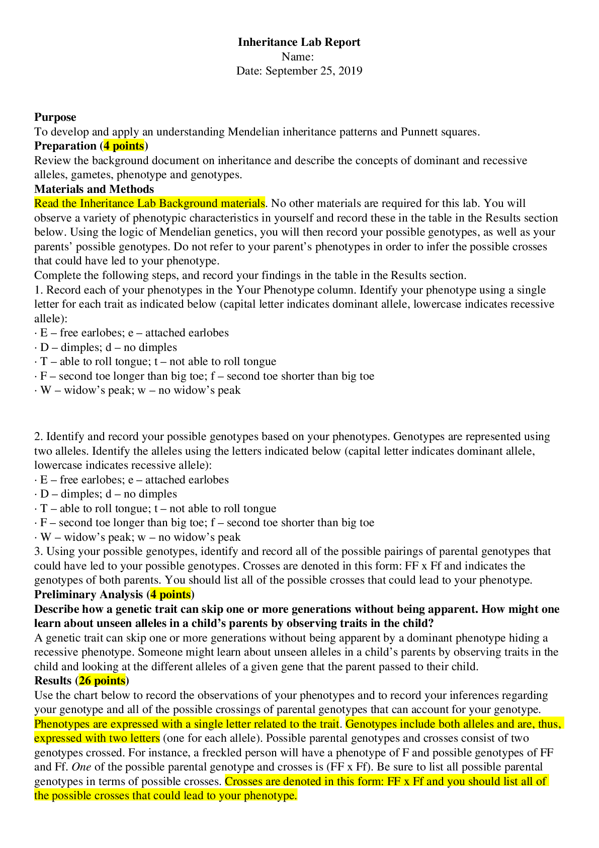 Preview of BIOL 1001 week 4 Inheritance Lab Report