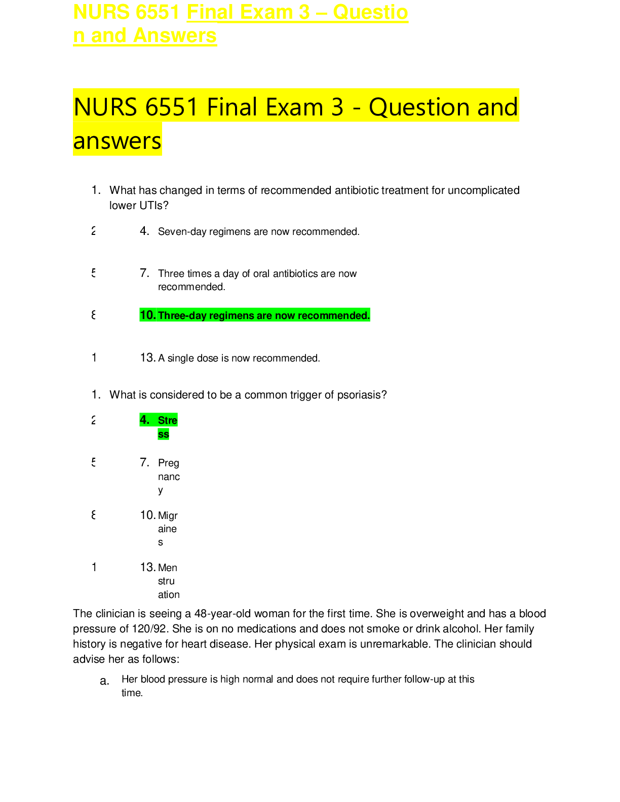 Preview image for NURS 6551 Final Exam 3 - Question and answers (GRADED A+)