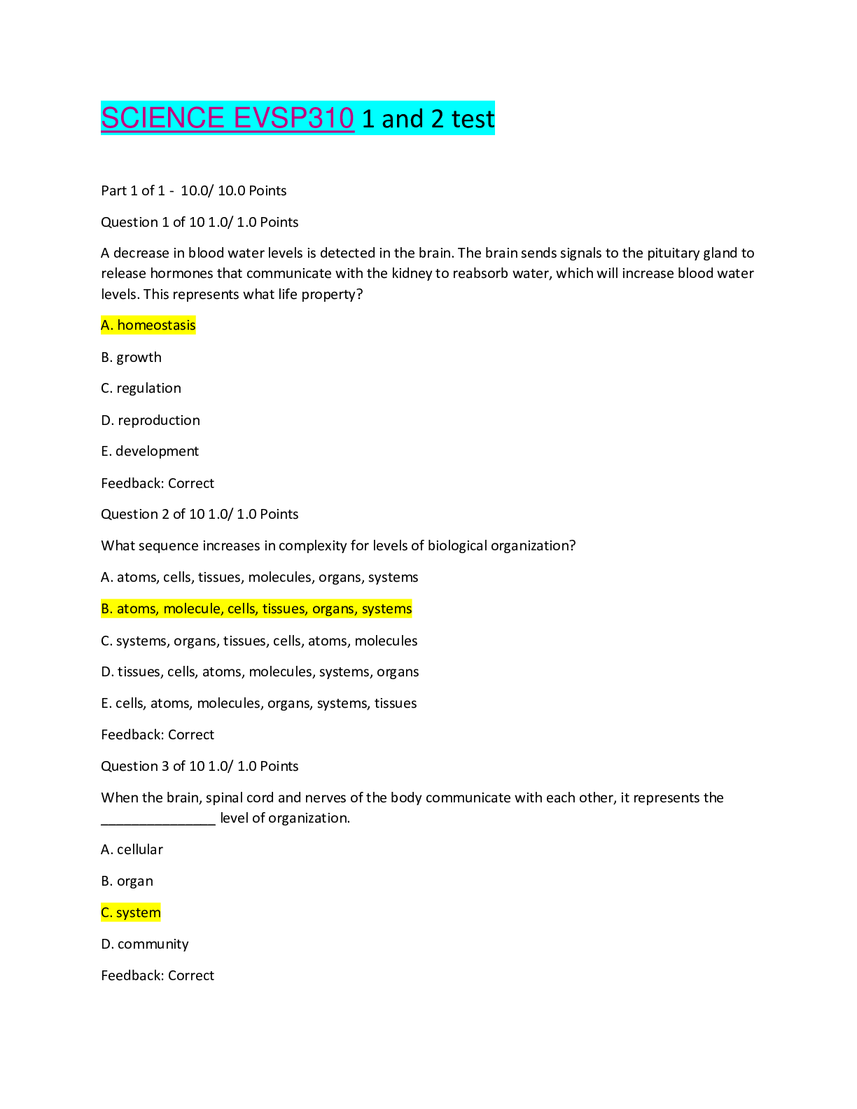 Preview image for SCIENCE EVSP 310 1 and 2 test with complete solution(This tests consists of updated and frequently tested questions)