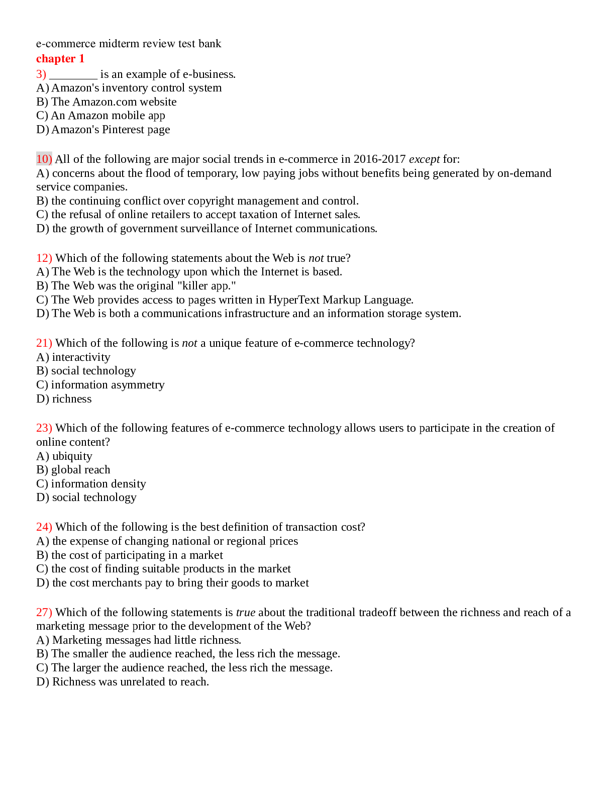 Preview of e­commerce midterm review test bank