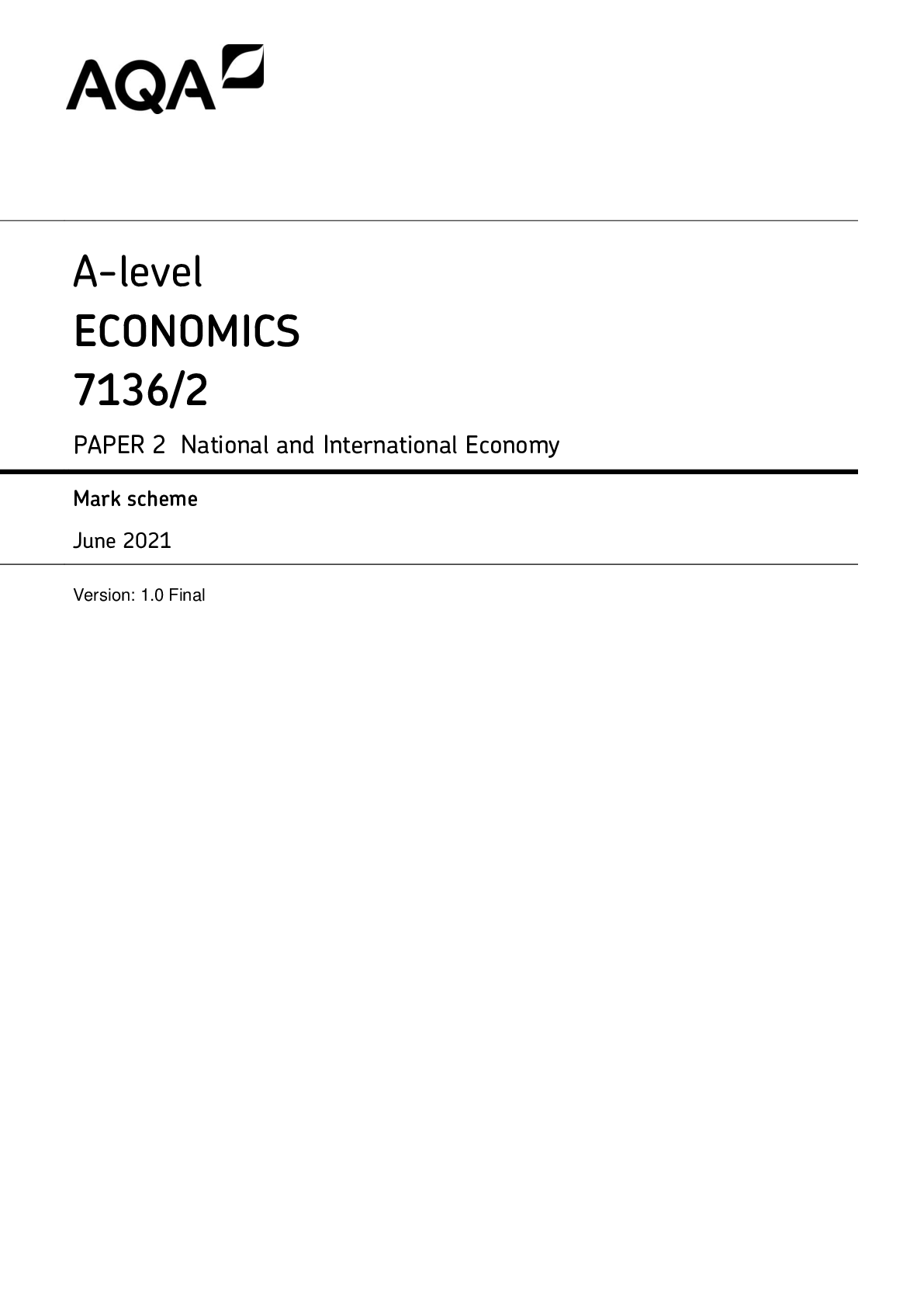 Preview image for AQA A-level ECONOMICS 7136/2 PAPER 2 National and International Economy Mark scheme June 2021 Version: 1.0 Final