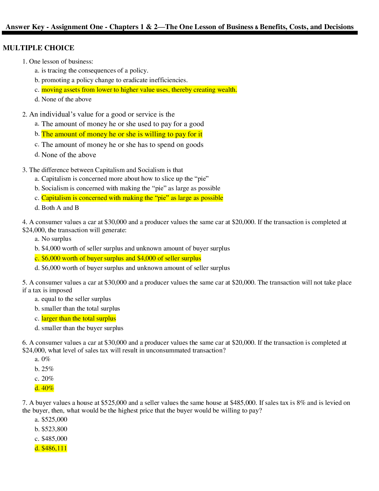 Preview image for Answer Key - Assignment One - Chapters 1 & 2—The One Lesson of Business & Benefits, Costs, and Decisions