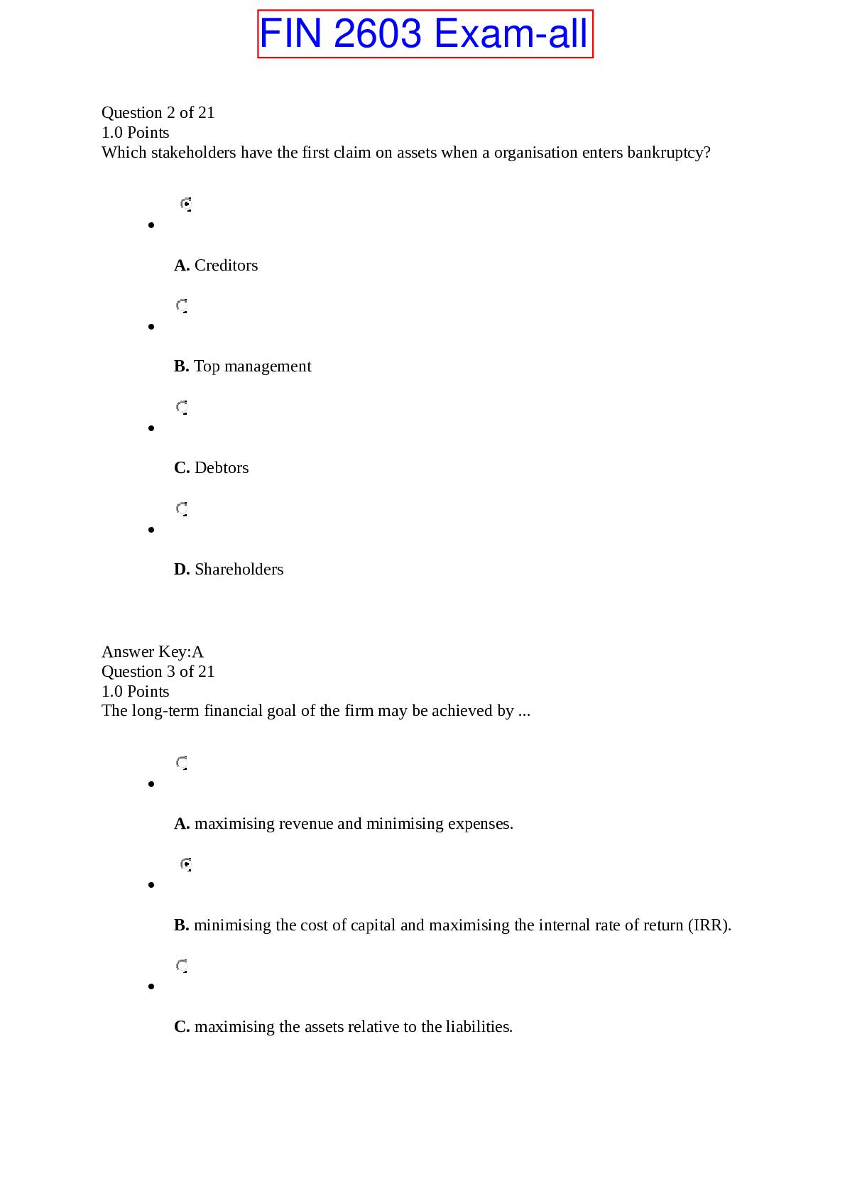 Preview of Questions and Answers > University of South Africa FIN 2603: Finance for Non-Financial Man
