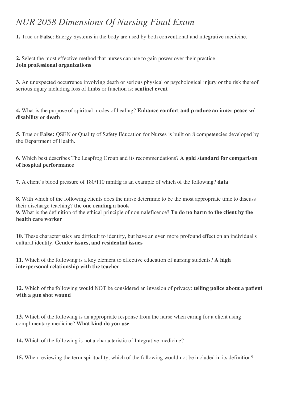 Preview image for NUR 2058 Dimensions Of Nursing Final Exam