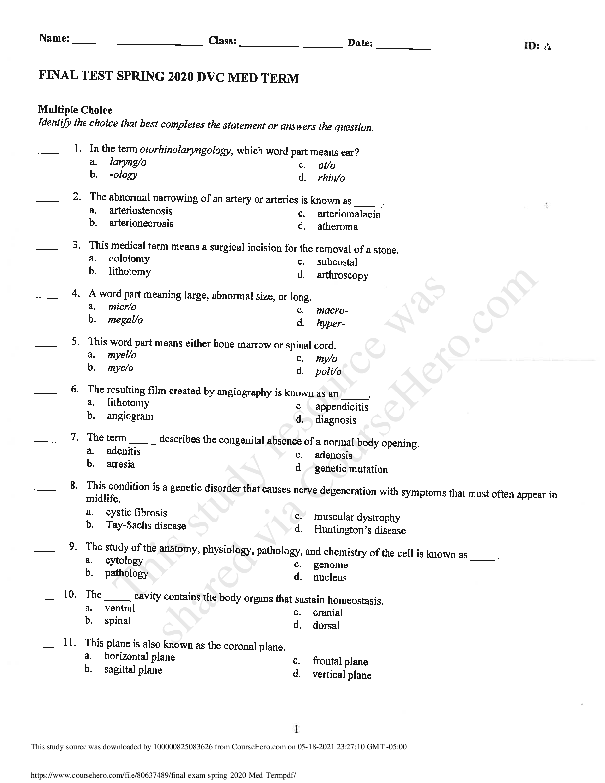 Preview image for HIMA 100 final exam spring 2020 Med Term {multiple choices Answer the Questions}