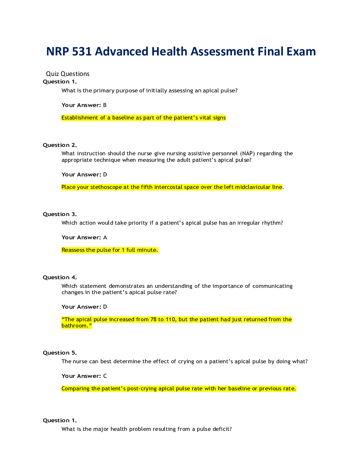 Preview of NRP 531 Advanced Health Assessment Final Exam (2021 Exam Test Questions with Answers Provi