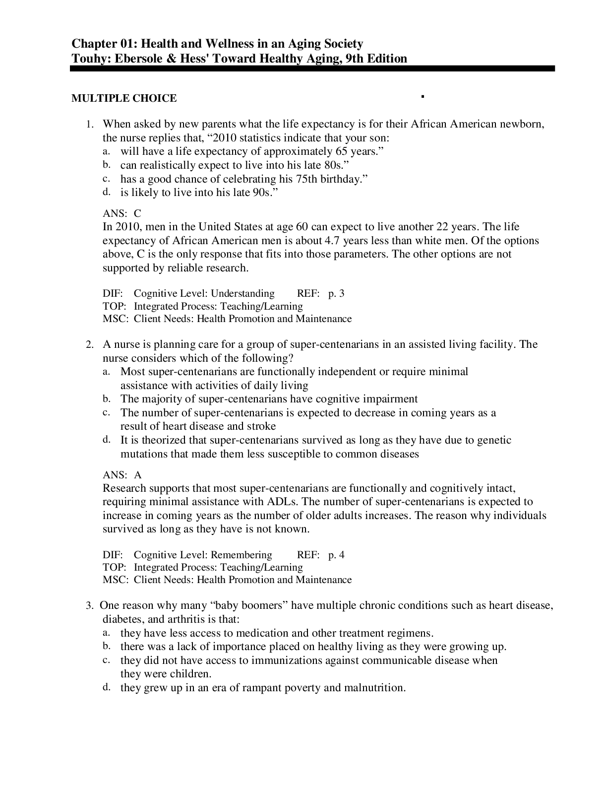 Preview image for Toward Healthy Aging Human Needs and Nursing Response Test Bank / Touhy: Ebersole & Hess' Toward Healthy Aging, Ninth Edition Test bank (answered with rationales)