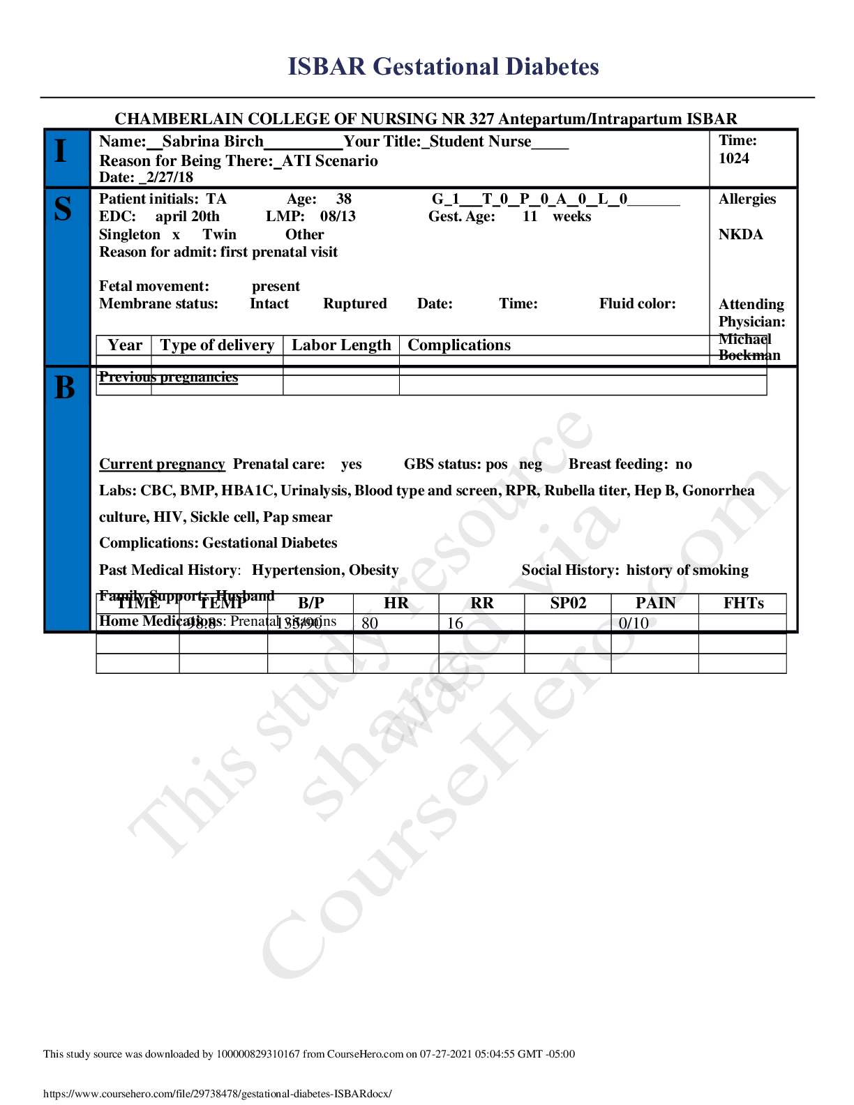 Preview of ISBAR Gestational Diabetes,GRADED A.