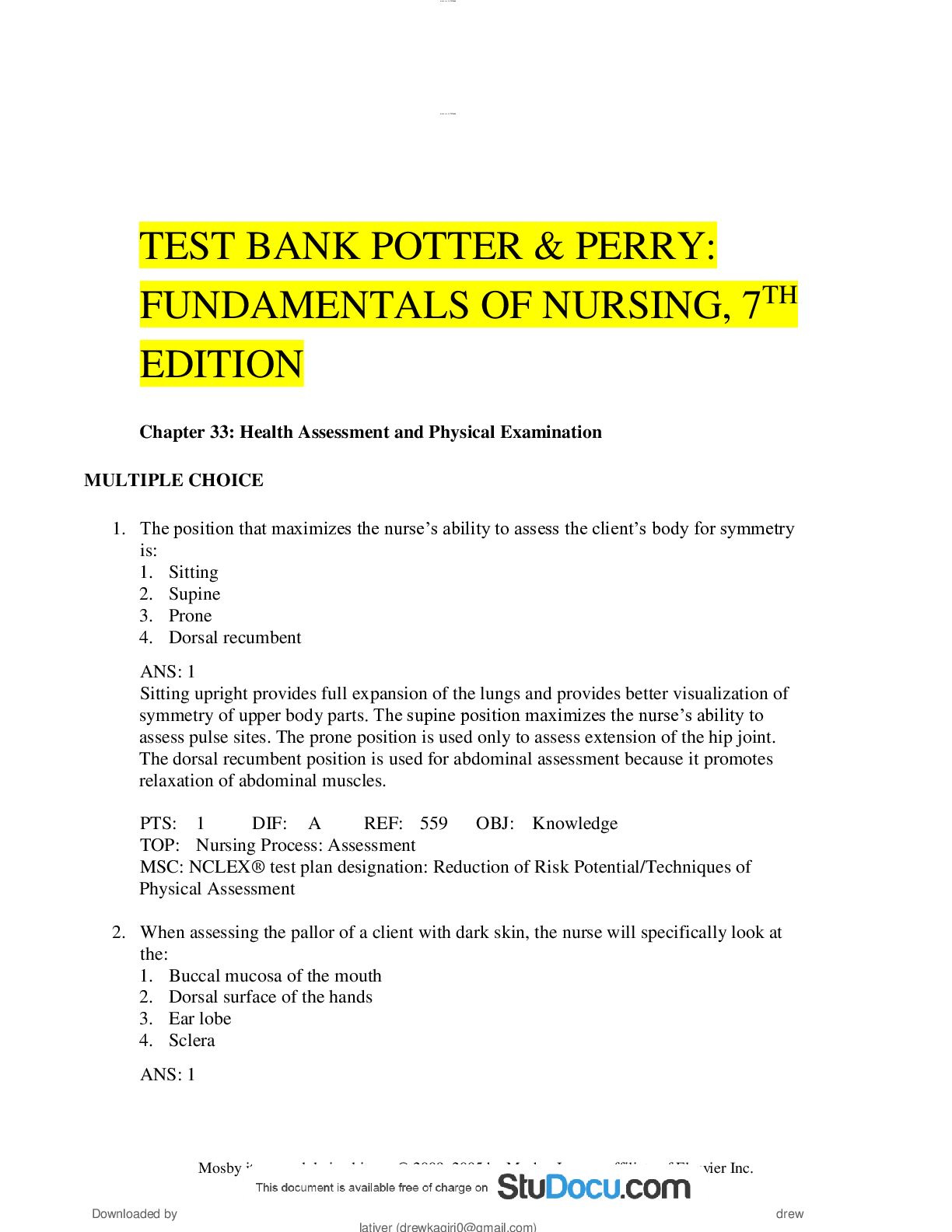 Preview image for TEST BANK POTTER & PERRY: FUNDAMENTALS OF NURSING, 7TH EDITION