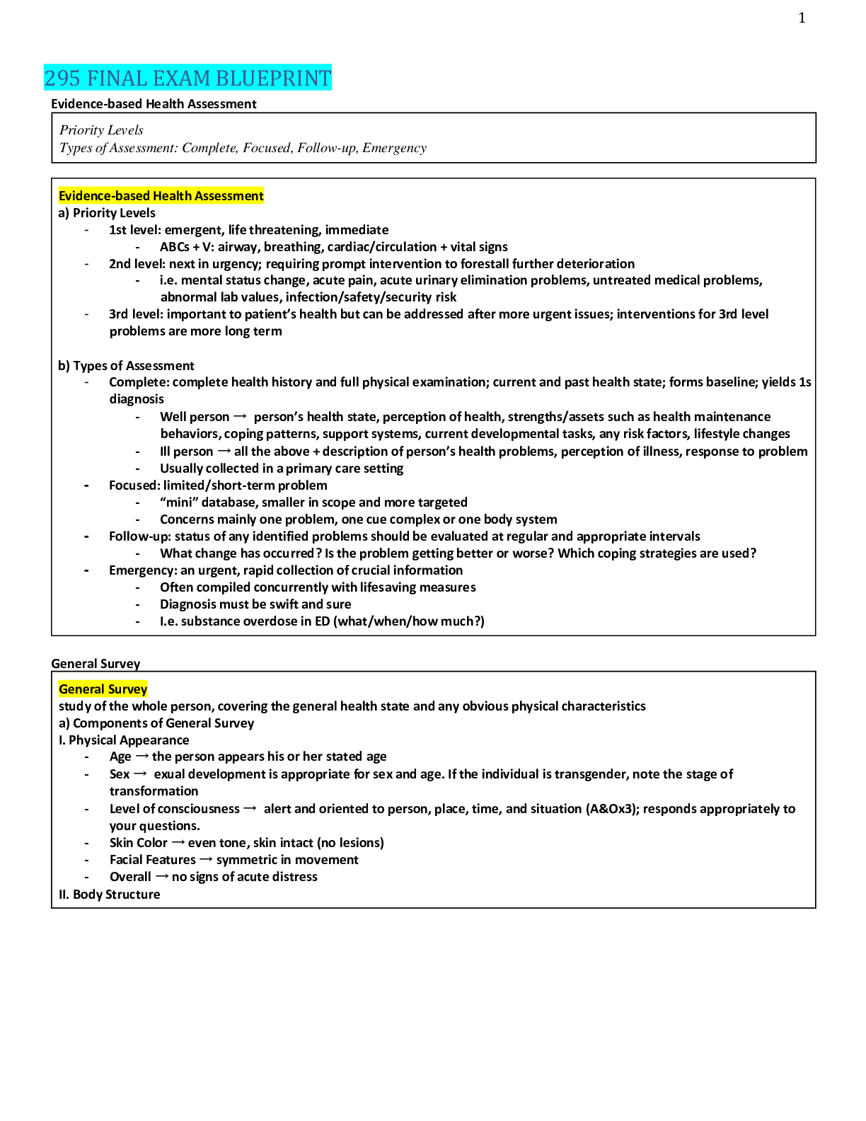 Preview of NUR 220 - Final Exam Blueprint