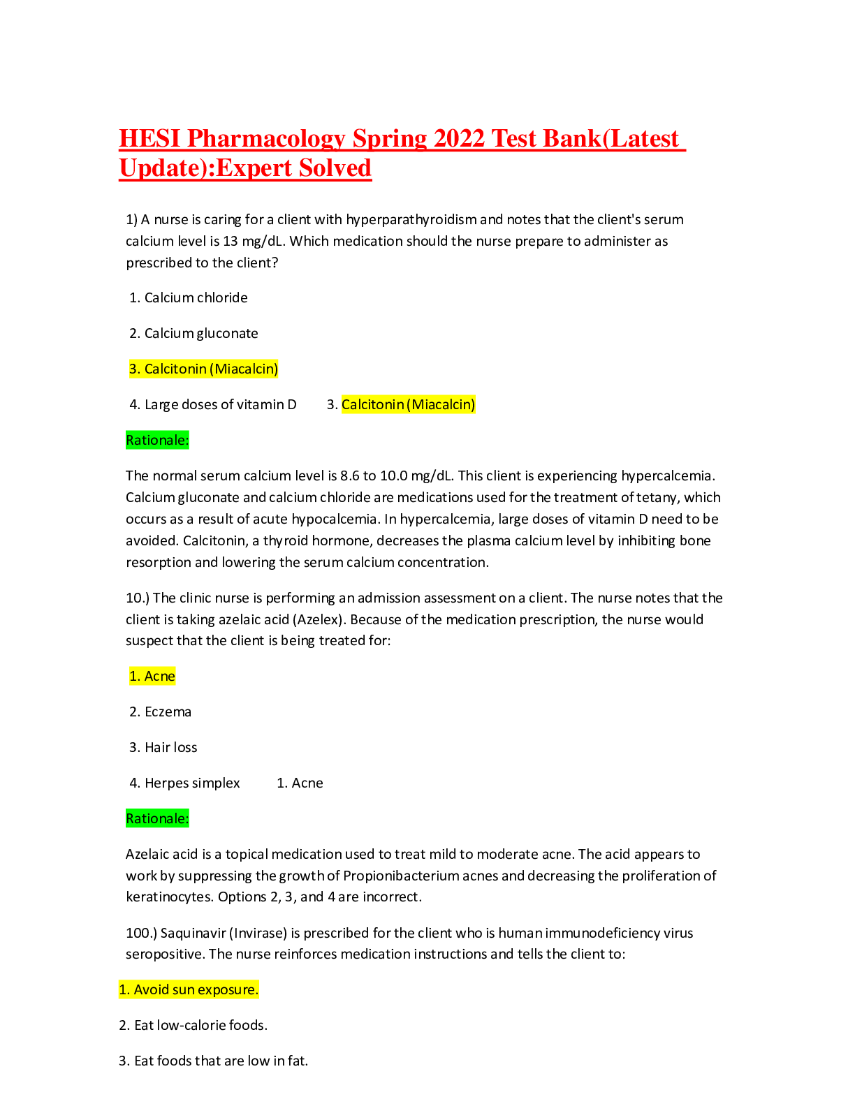 Preview image for HESI Pharmacology Spring 2022 Test Bank(Latest Update):Expert Solved