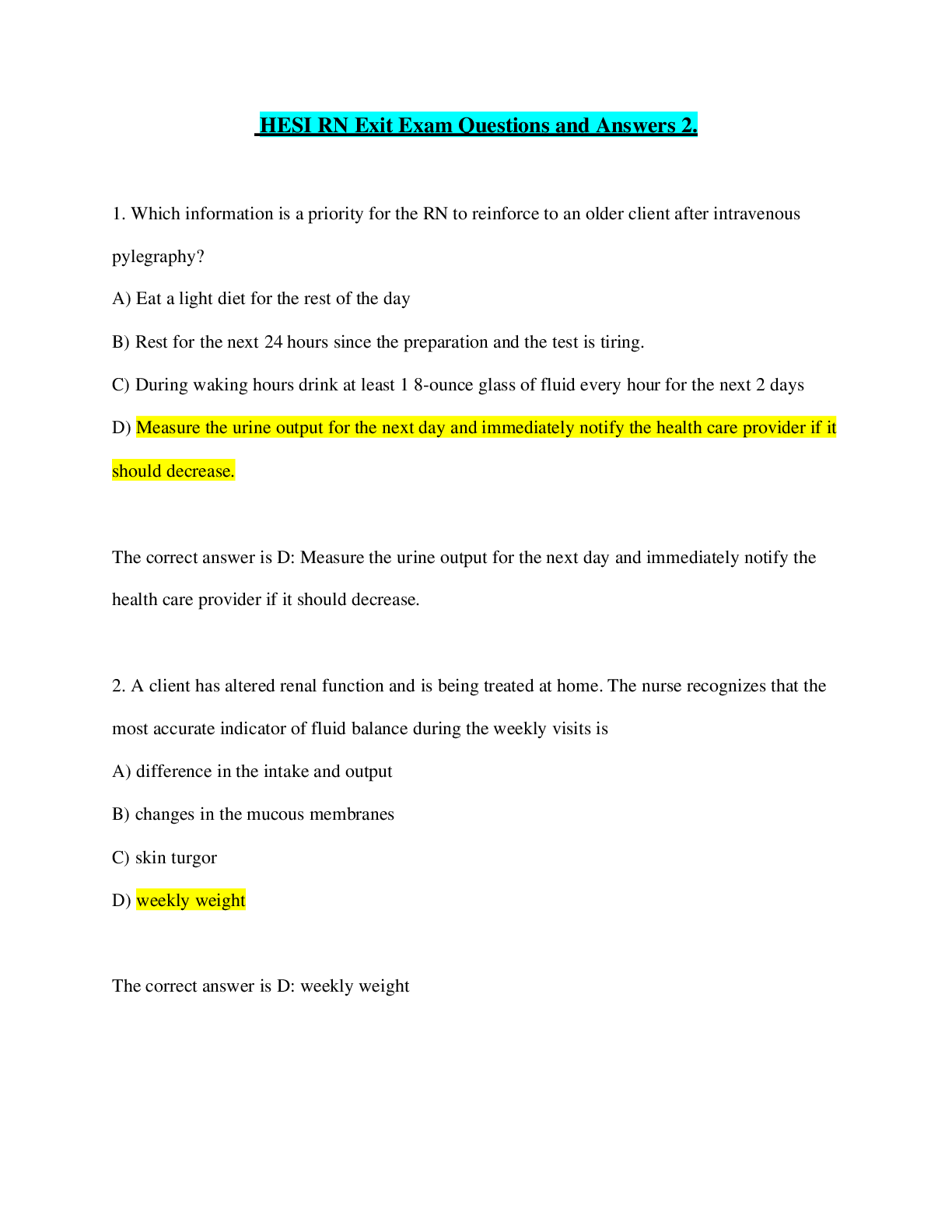 Preview image for HESI RN Exit Exam Questions and Answers 2.