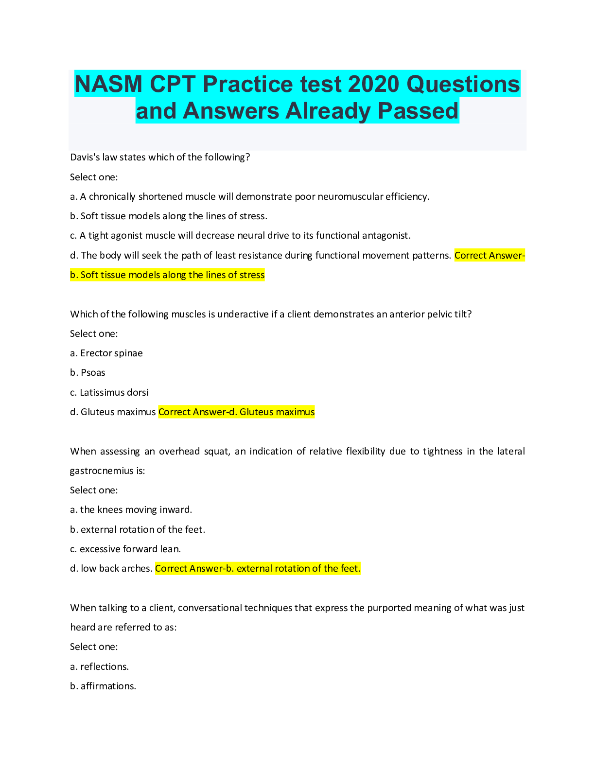Preview of NASM CPT Practice test 2020 Questions and Answers Already Passed