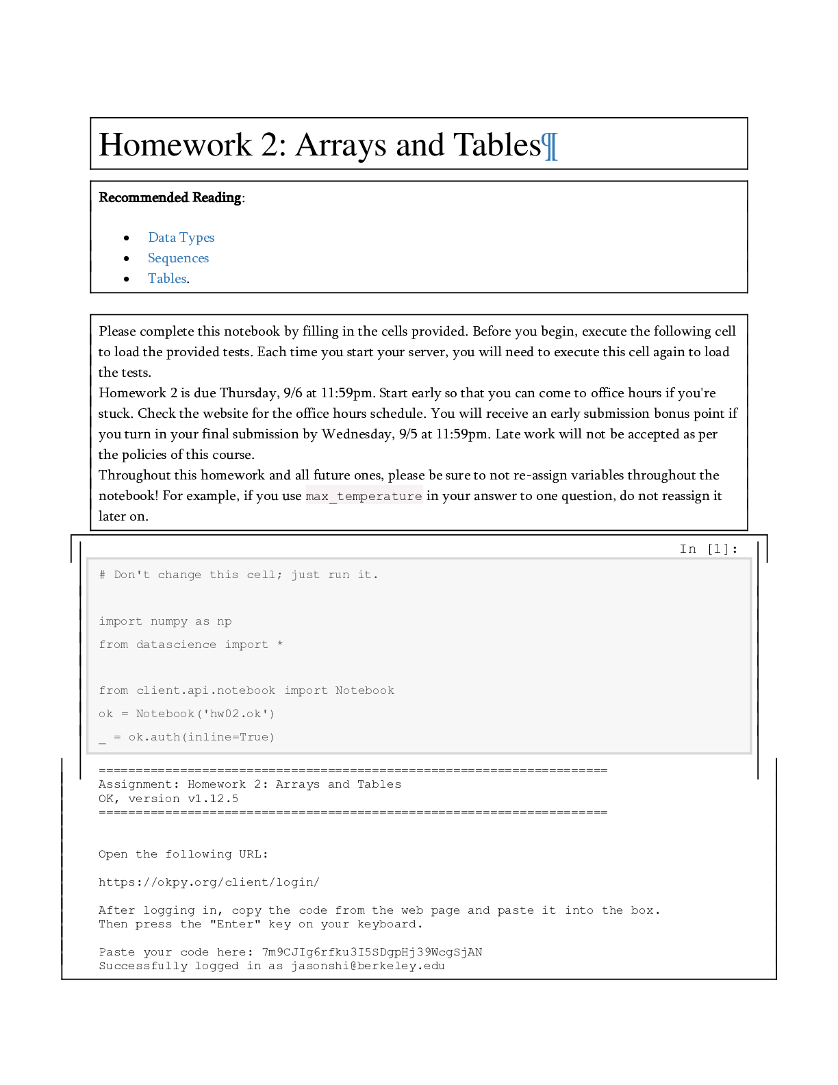 Preview image for DATA MISC Homework 2: Arrays and Tables | University of California, Berkeley