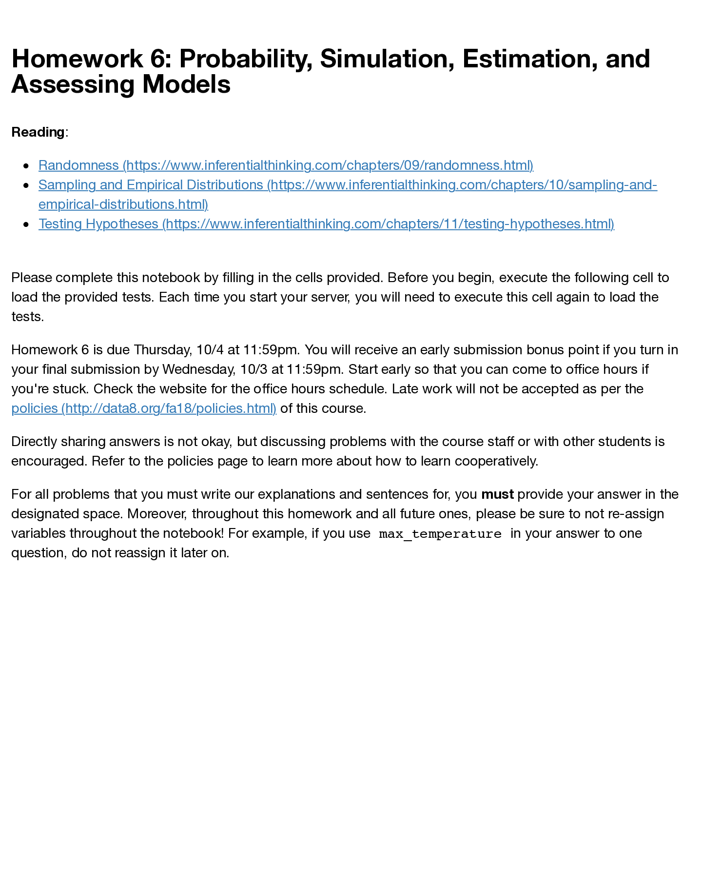 Preview image for DATA MISC Homework 6: Probability, Simulation, Estimation, and Assessing Models | University of California, Berkeley