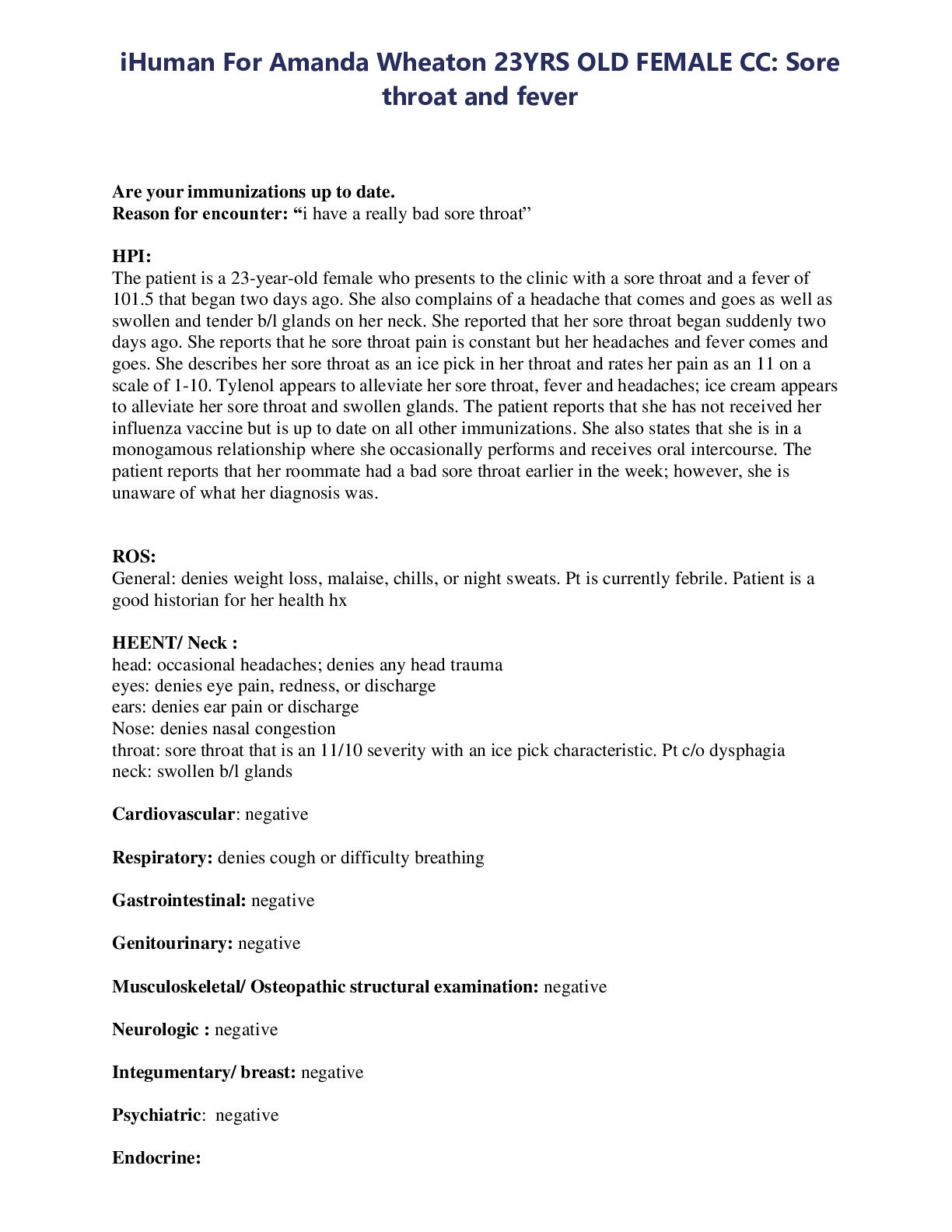 Preview image for iHuman Case For Amanda Wheaton 23YRS OLD FEMALE CC: Sore throat and fever