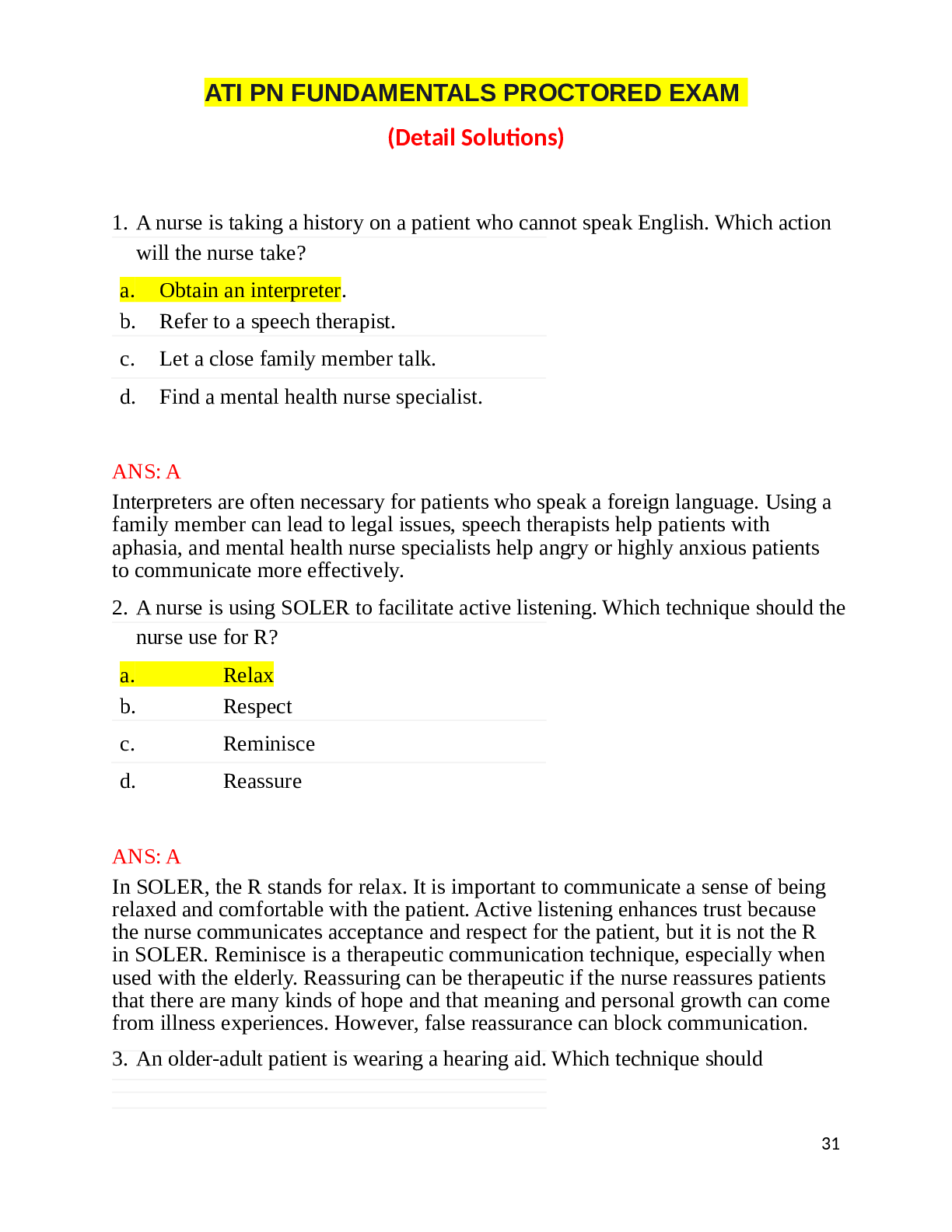 Preview image for ATI FUNDAMENTALS PROCTORED EXAM (25 LATEST VERSIONS) / FUNDAMENTALS ATI PROCTORED EXAM (25 LATEST VERSIONS) :LATEST 2021