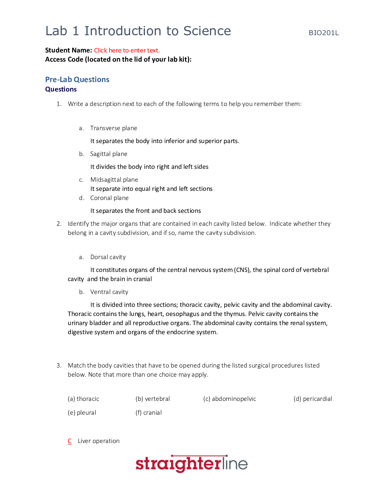 Straighterline BIO 201L Lab 1 - 9 Quizzes & Worksheets (Merged) Complete | 100% Correct Answers in 138 Pages