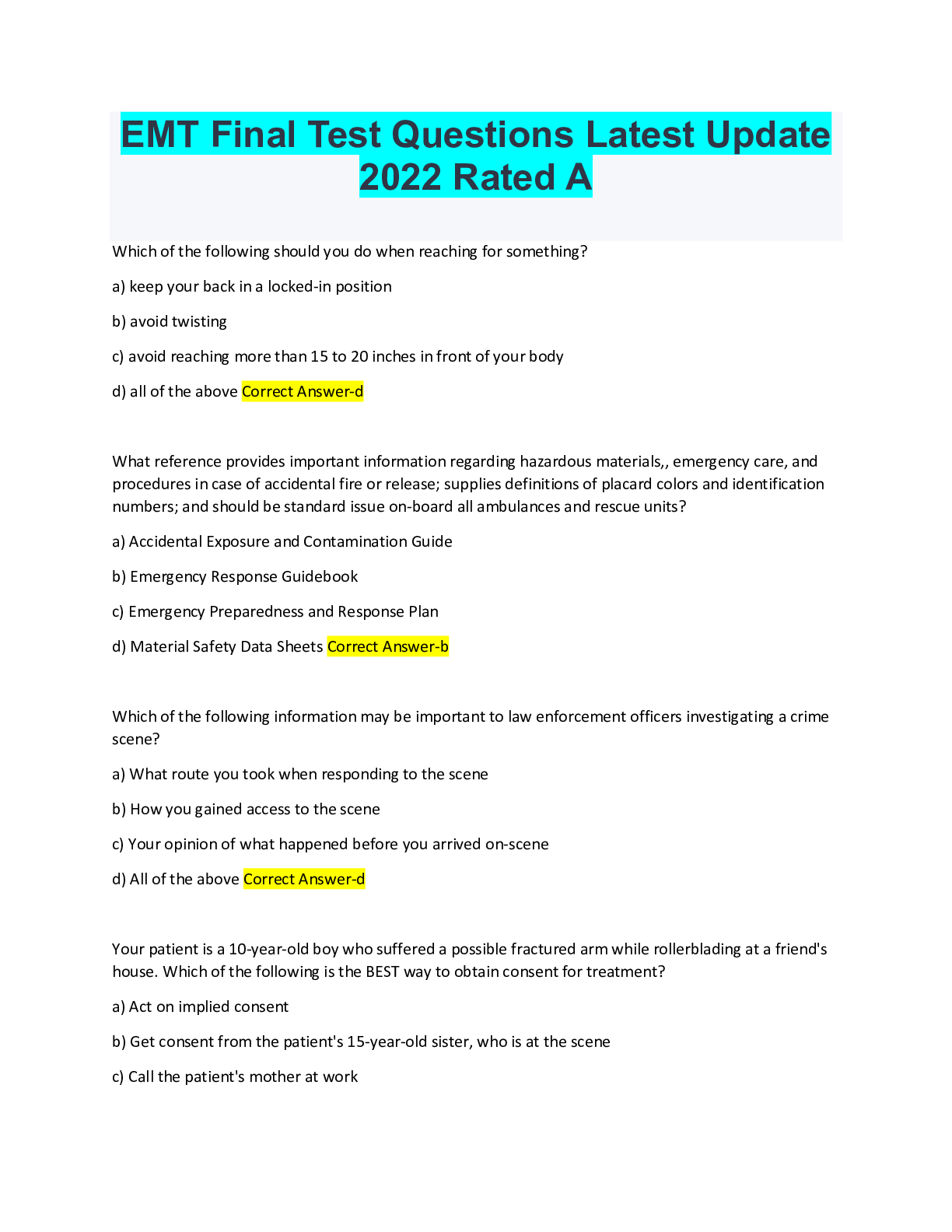 Preview of EMT Final Test Questions Latest Update 2022 Rated A