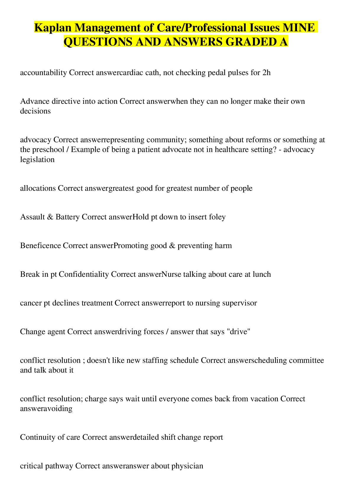 Preview image for Kaplan Management of Care/Professional Issues MINE QUESTIONS AND ANSWERS GRADED A