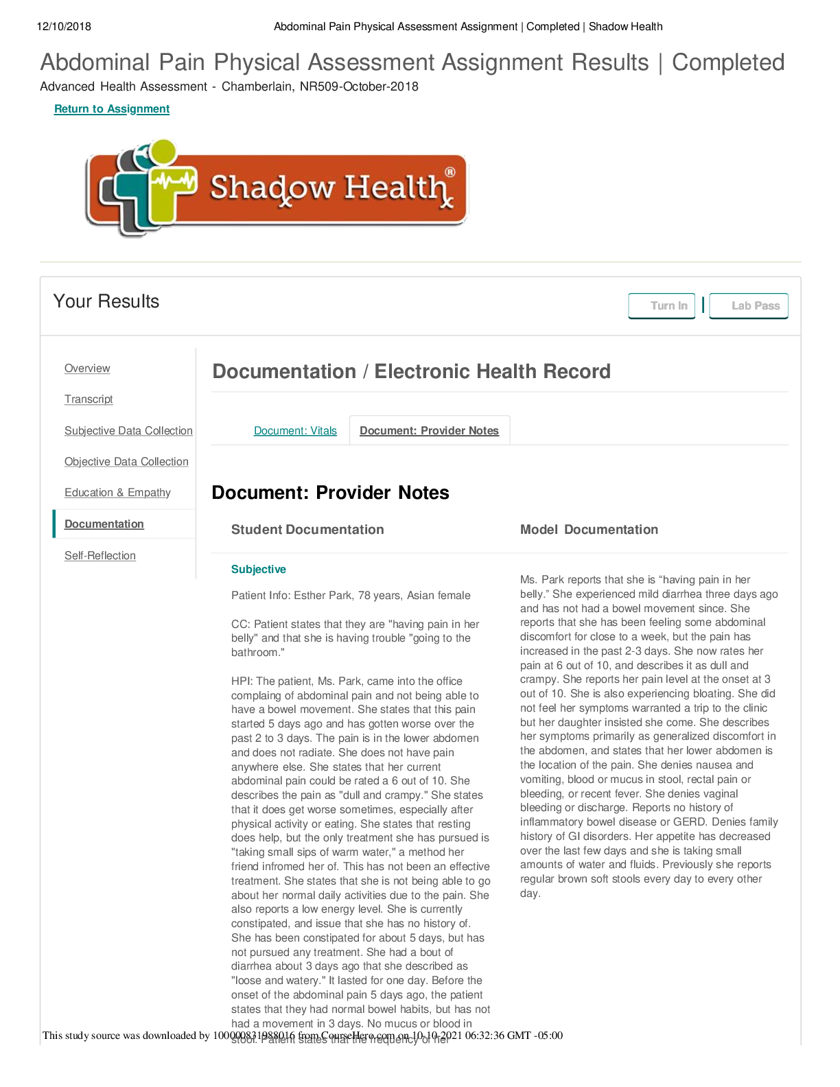 Preview of NR 509 Abdominal Pain Documentation Shadow Health