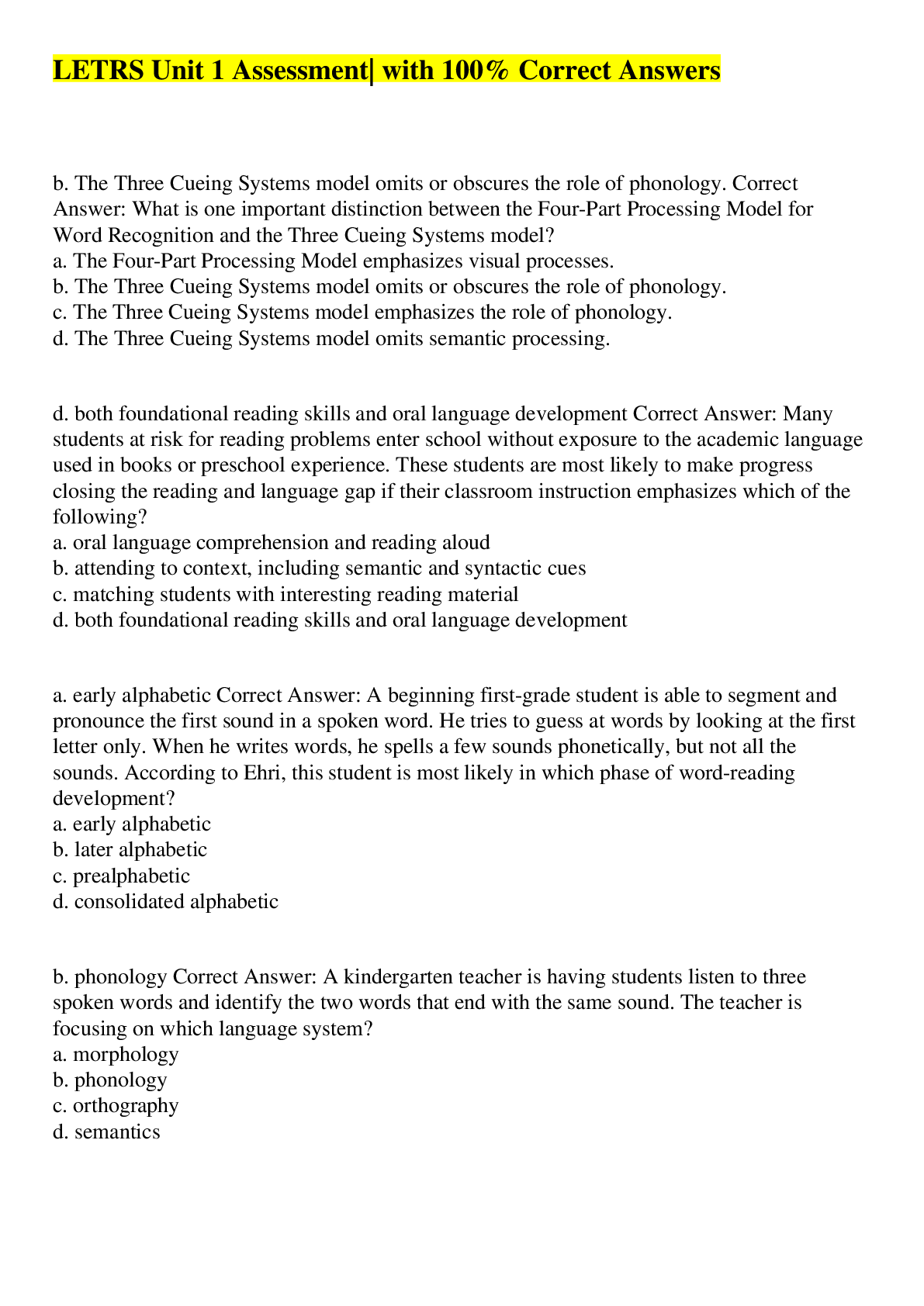 Preview image for LETRS Unit 1 Assessment Test Answered- 2022