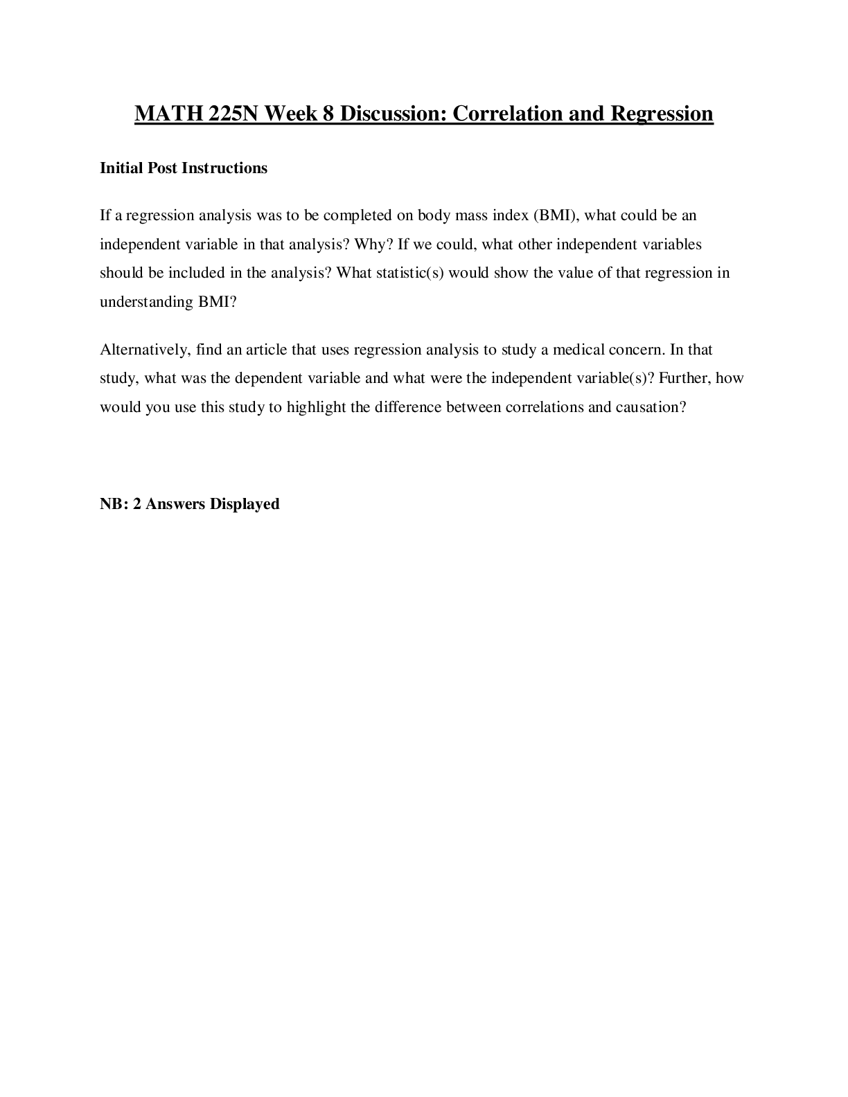 Preview image for MATH 225N Week 8 Discussion: Correlation and Regression