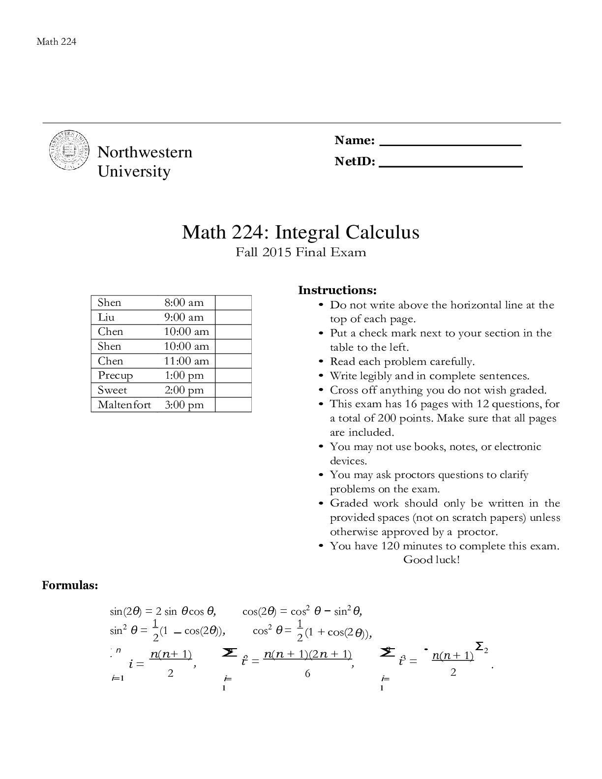 Preview image for MATH 224: INTEGRAL CALCULUS FINAL EXAM 2021