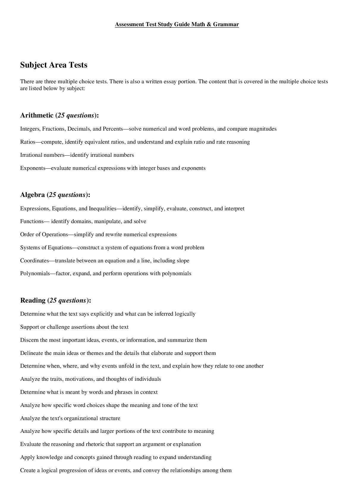 Preview image for Assessment Test Study Guide Math & Grammar