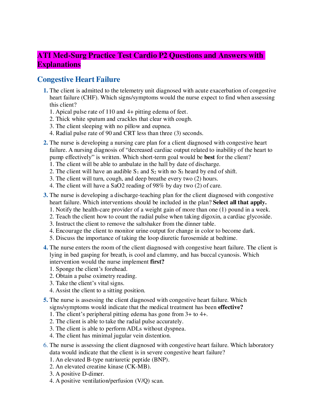 Preview image for ATI Med-Surg Practice Test Cardio P2 Questions and Answers with Explanations,100% Correct, Download to Score A