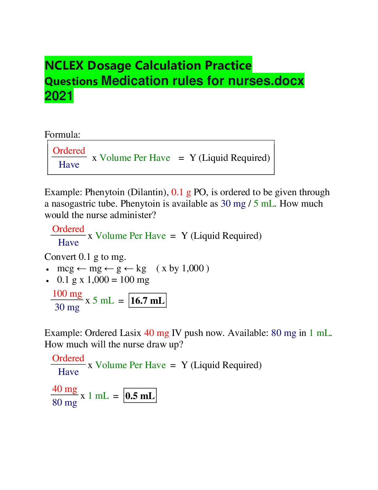 Preview of NCLEX Dosage Calculation Practice Questions Medication rules for nurses.docx 2021