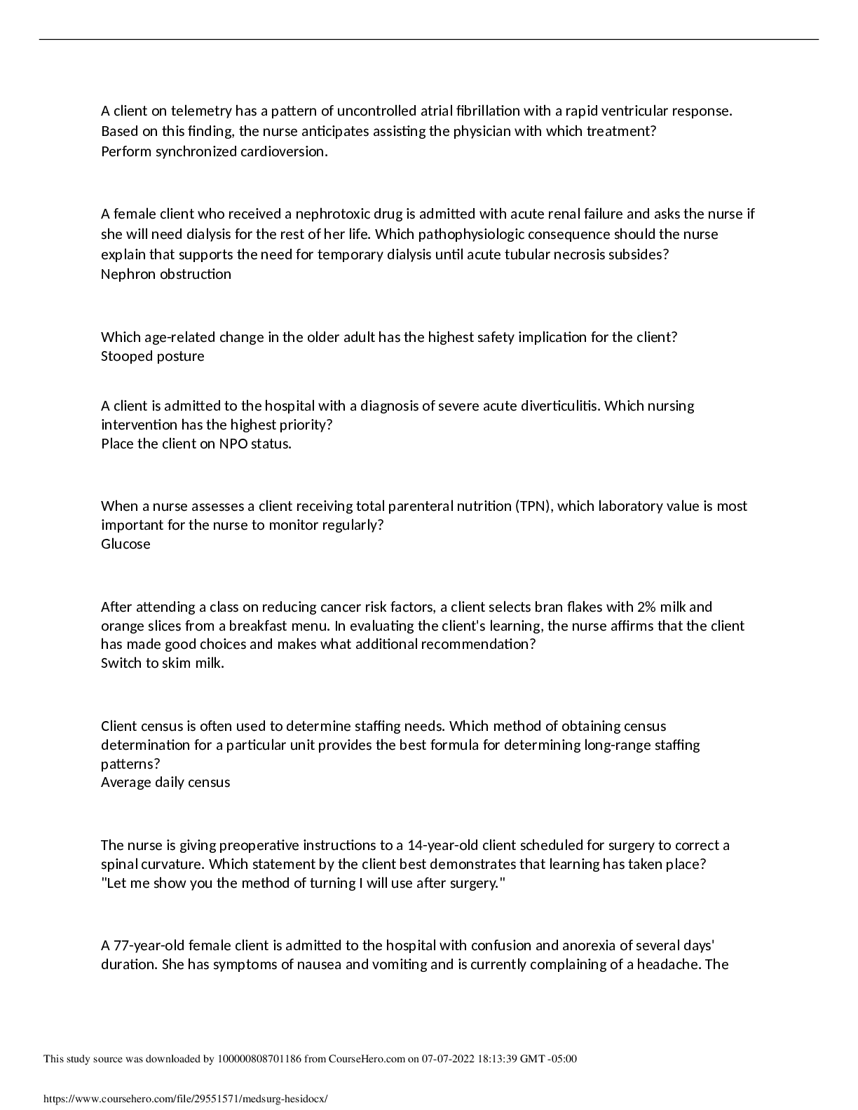 Preview image for HESI MED SURG EXAM (all correct answers) Already Graded A