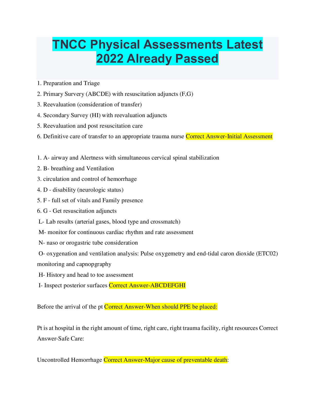Preview of TNCC Physical Assessments Latest 2022 Already Passed