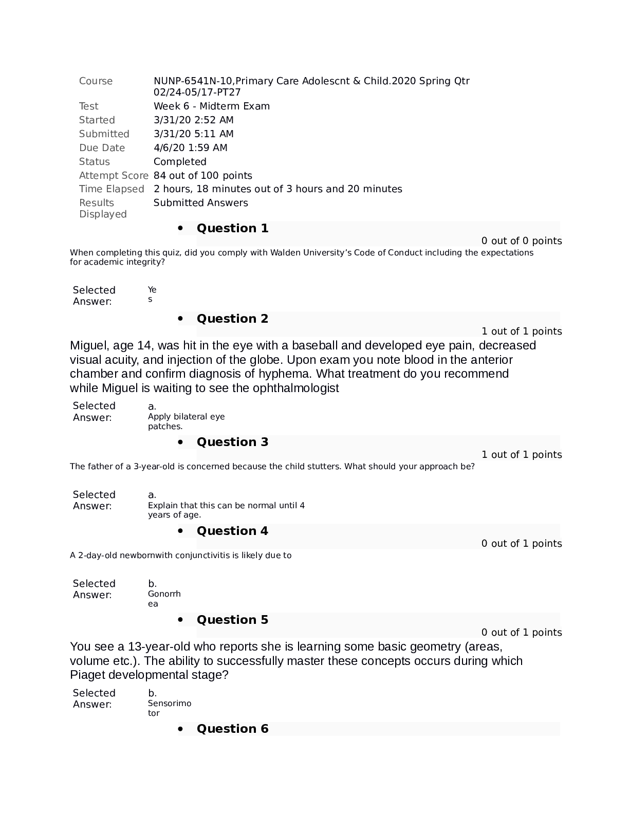 Preview image for NUNP 6541N Week 6 Midterm Exam: Primary Care Adolescnt & Child
