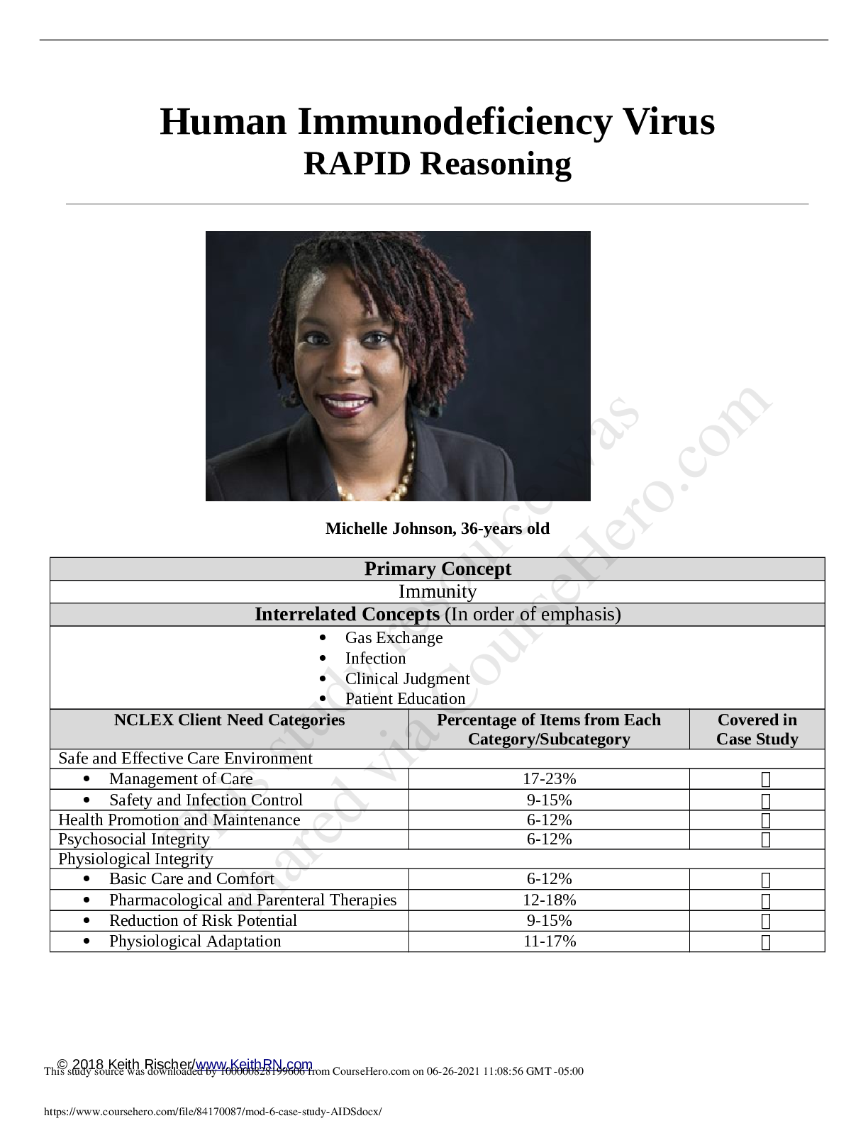 Preview image for Human Immunodeficiency Virus RAPID Reasoning Michelle Johnson, 36-years old includes all  Gas Exchange  Infection  Clinical Judgment  Patient Education.