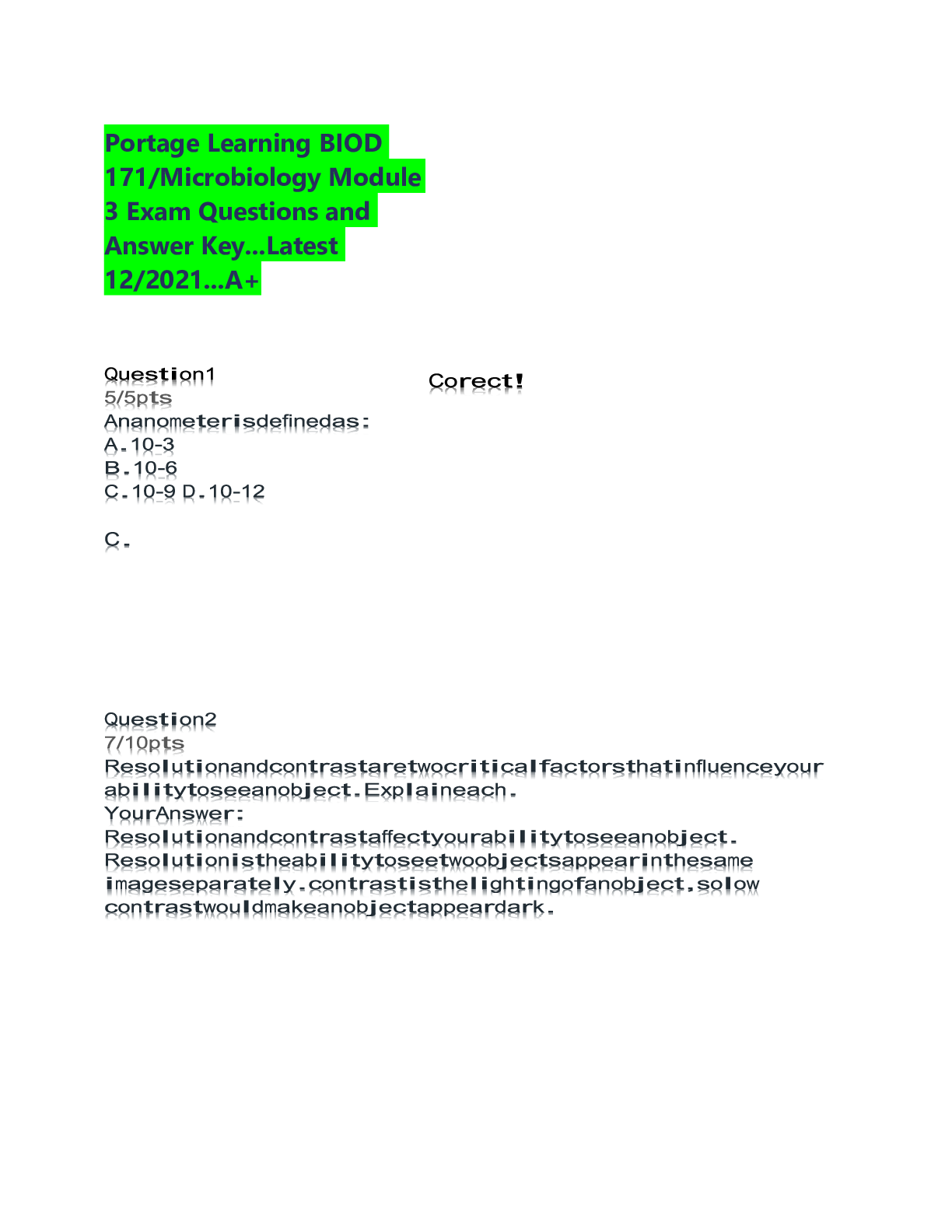 Preview of Portage Learning BIOD 171/Microbiology Module 3 Exam Questions and Answer Key...Latest 12/