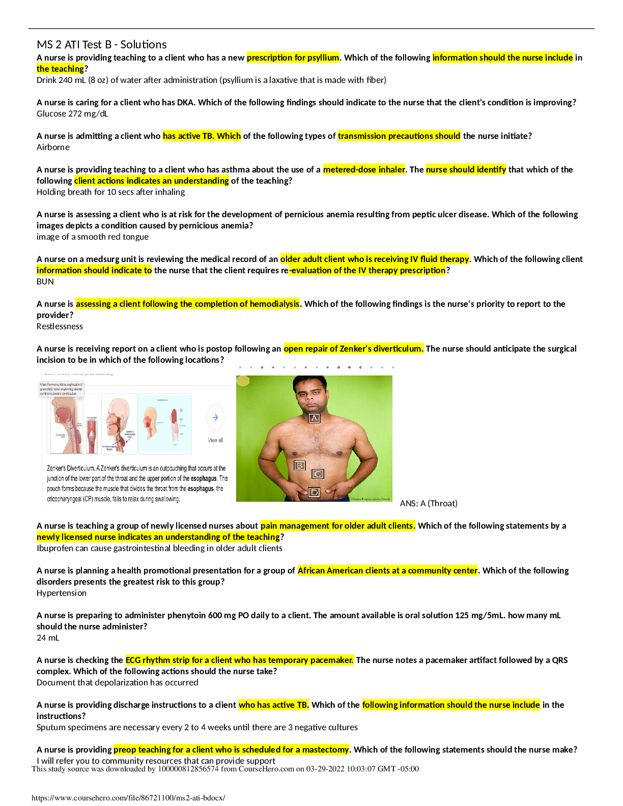 Preview image for NURS 309 MS 2 ATI Test B - Questions with Solutions