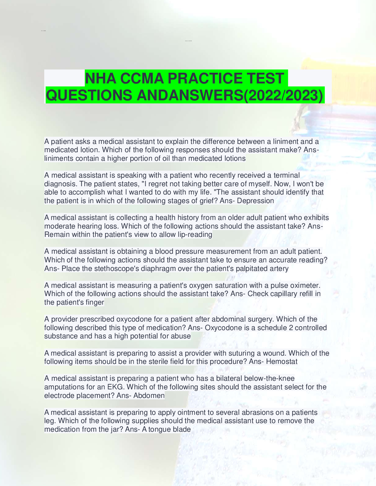 Preview image for NHA CCMA PRACTICE TEST QUESTIONS AND ANSWERS(2022/2023)