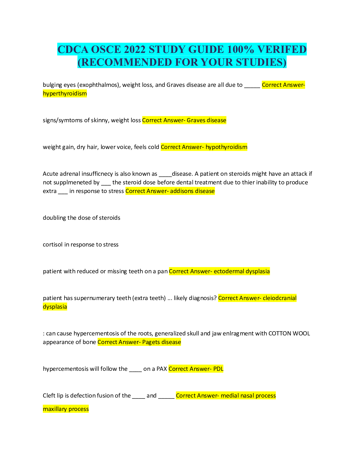 Preview of CDCA OSCE 2022 STUDY GUIDE 100% VERIFED (RECOMMENDED FOR YOUR STUDIES)