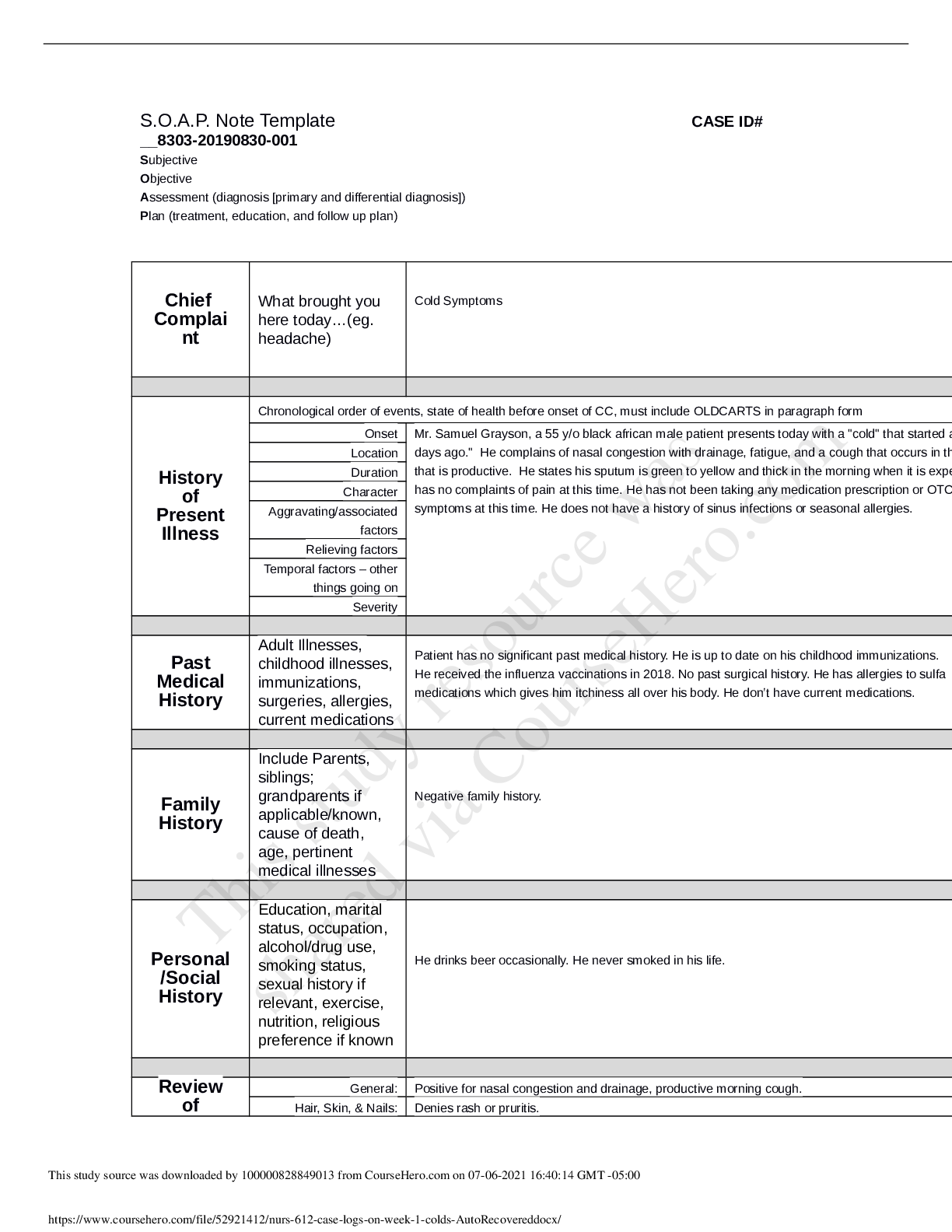 Preview image for NURS 612 case logs on week 1 colds (AutoRecovered)