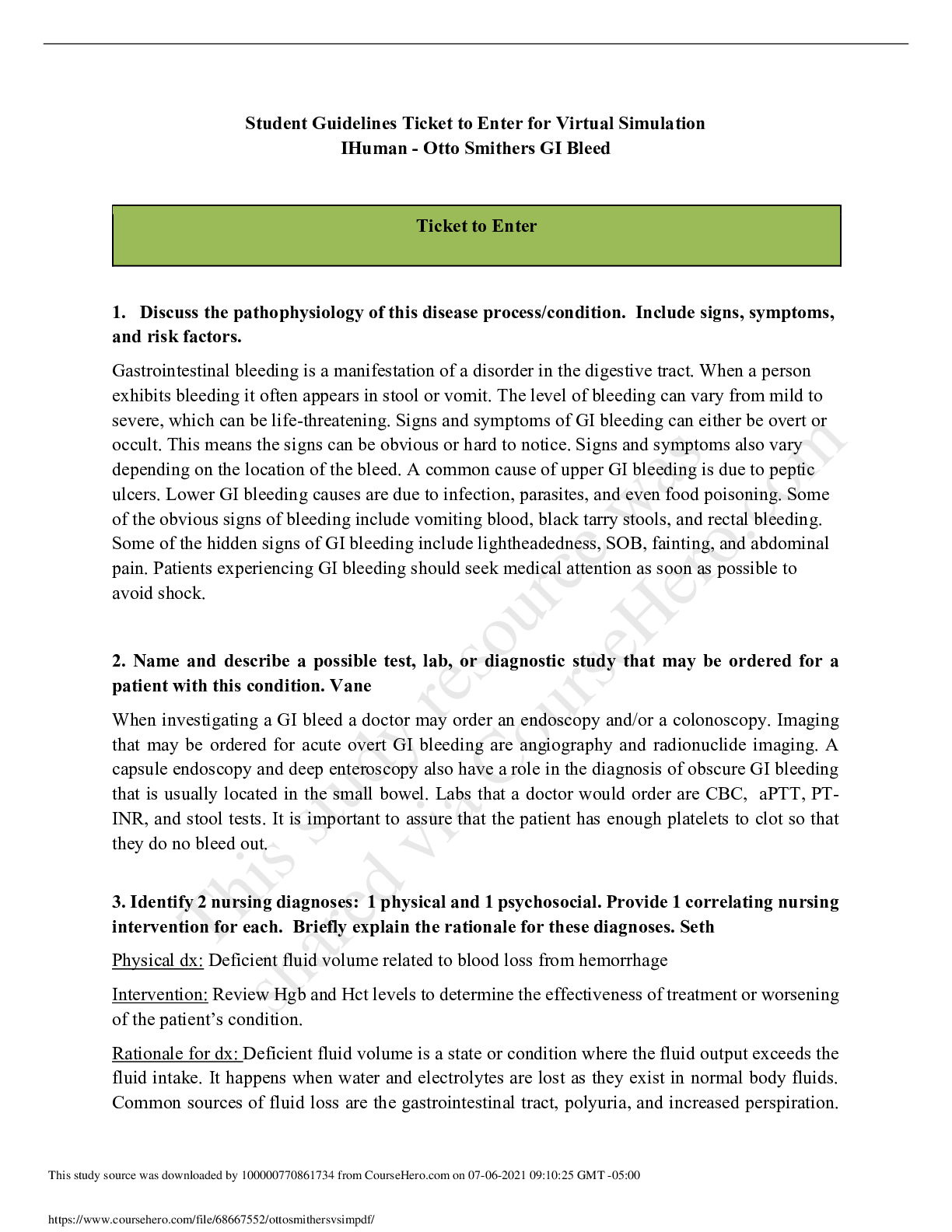 Preview image for Virtual Simulation IHuman - Otto Smithers GI Bleed / otto smithers vsim (Answered)