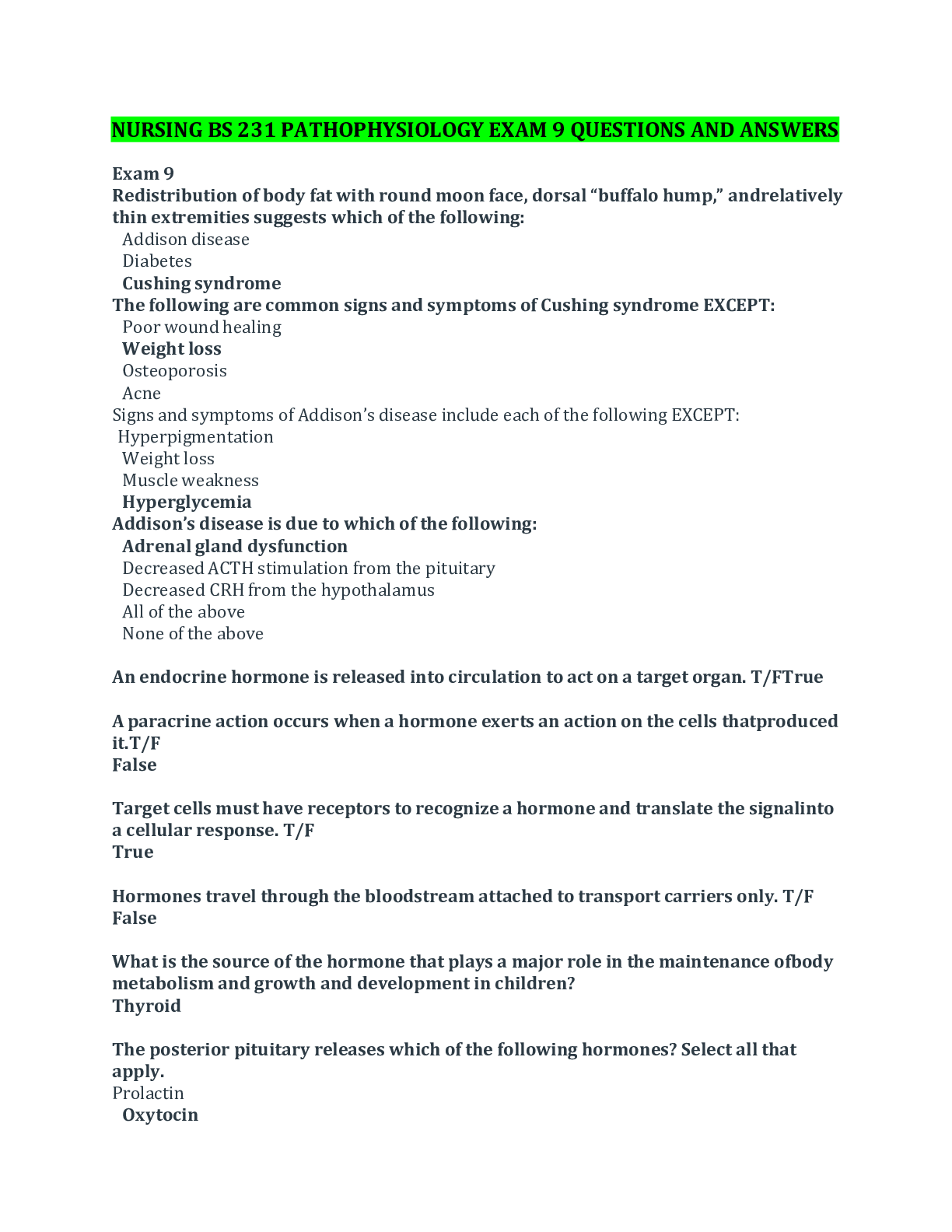 Preview of NURSING BS 231 PATHOPHYSIOLOGY EXAM 9 QUESTIONS AND ANSWERS Portage Learning